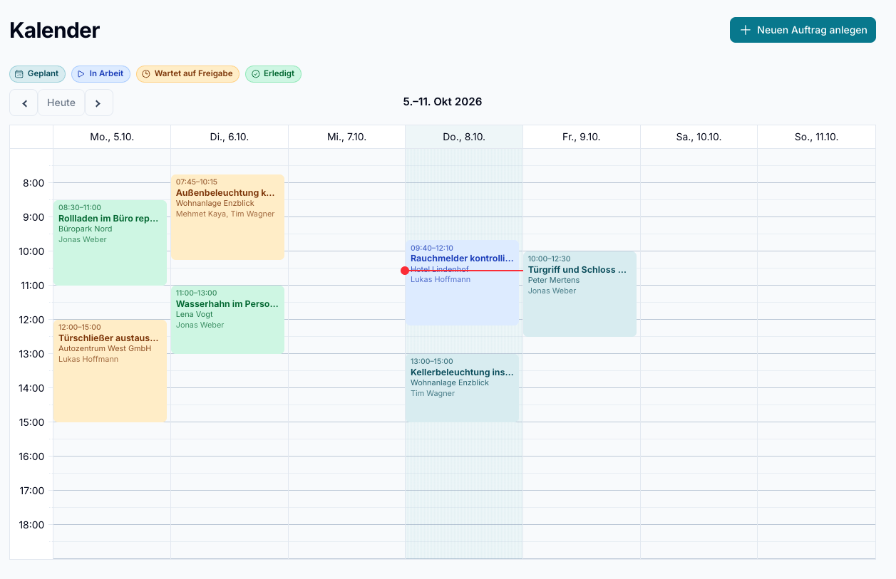 Craftro Wochenkalender mit Einsätzen und zugewiesenen Mitarbeitern