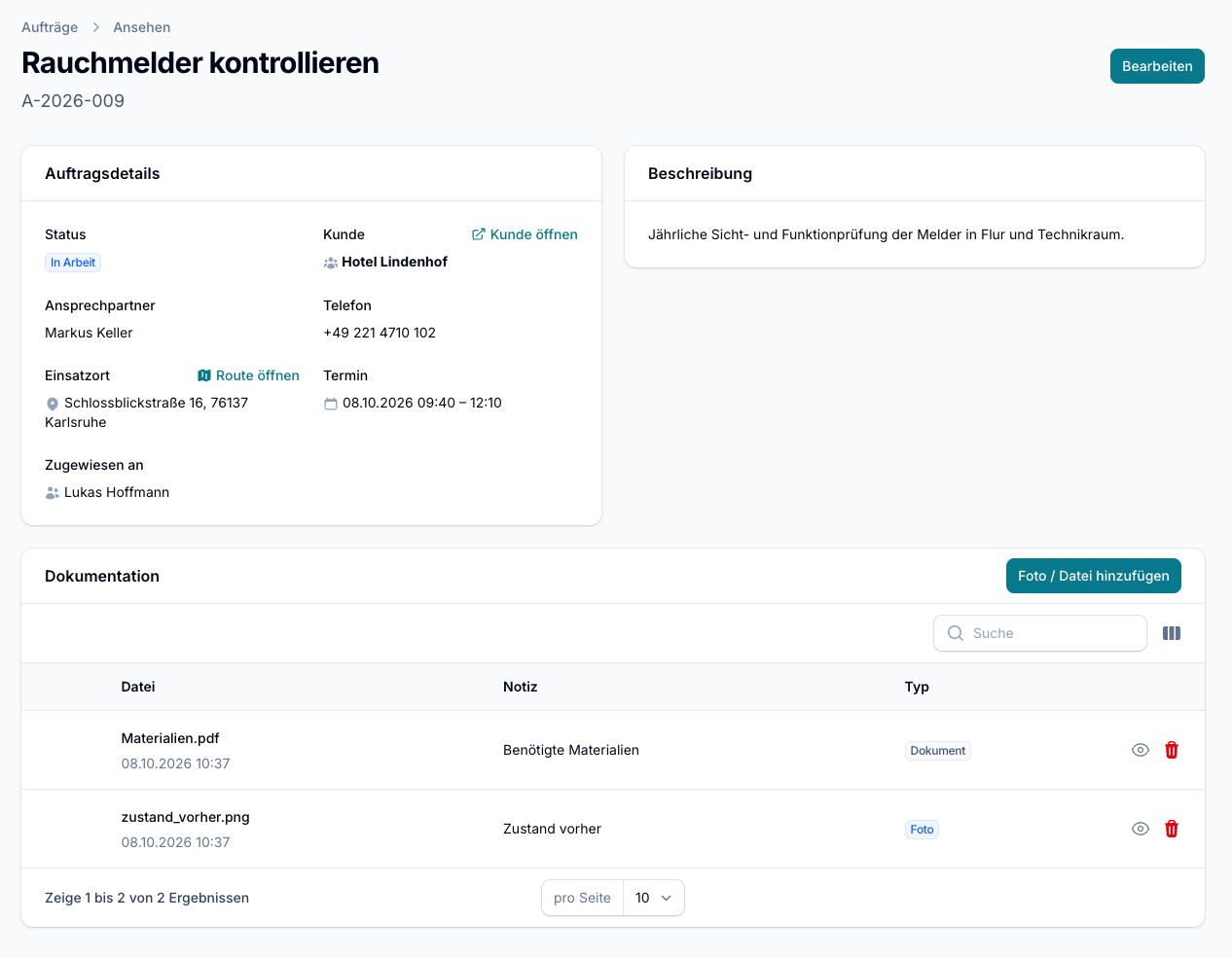 Craftro Auftragsdetail mit Status, Kunde und Dokumentation