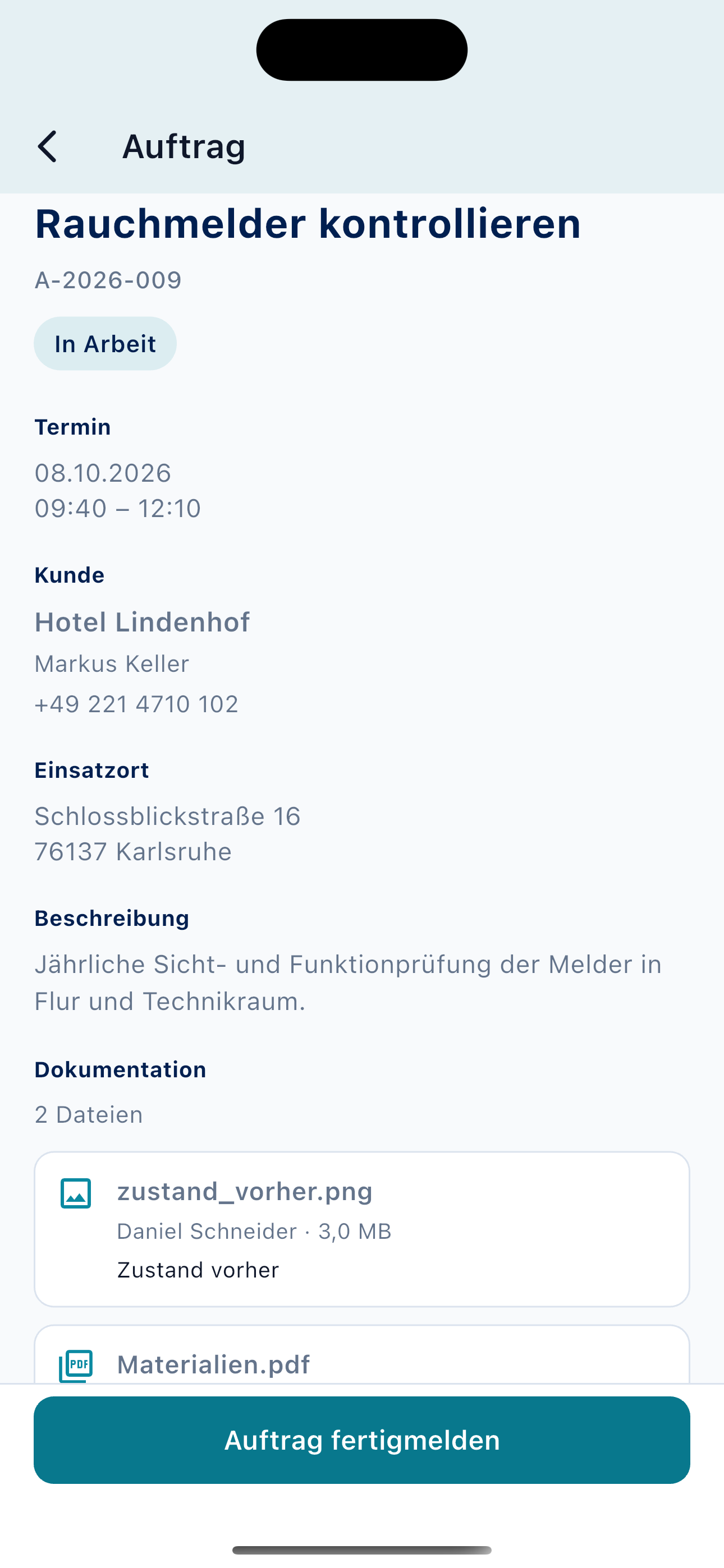 Craftro Mitarbeiter-App mit Fotos am Auftrag