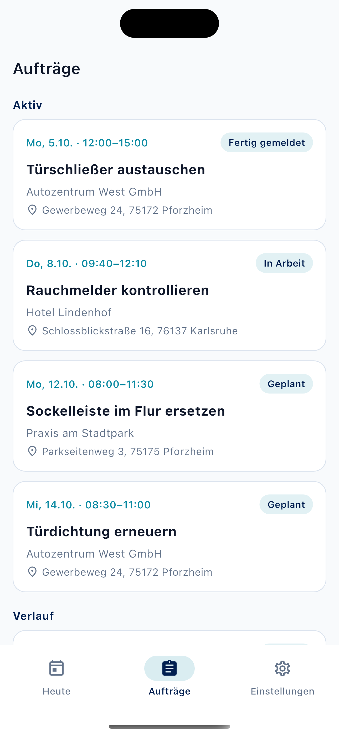 Craftro Mitarbeiter-App mit zugewiesenen Aufträgen